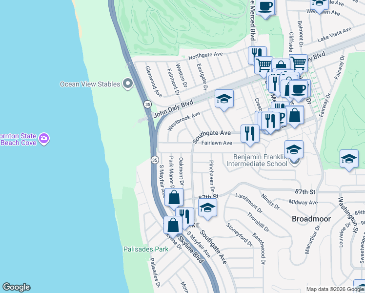 map of restaurants, bars, coffee shops, grocery stores, and more near 205 Fairlawn Avenue in Daly City