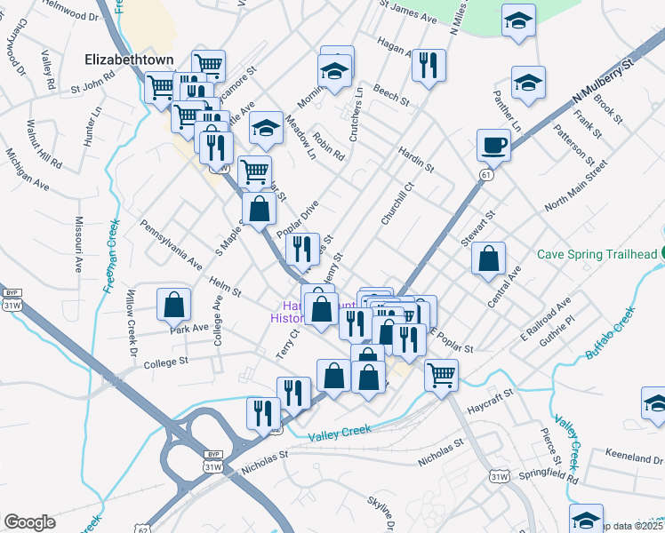 map of restaurants, bars, coffee shops, grocery stores, and more near 238 West Poplar Street in Elizabethtown