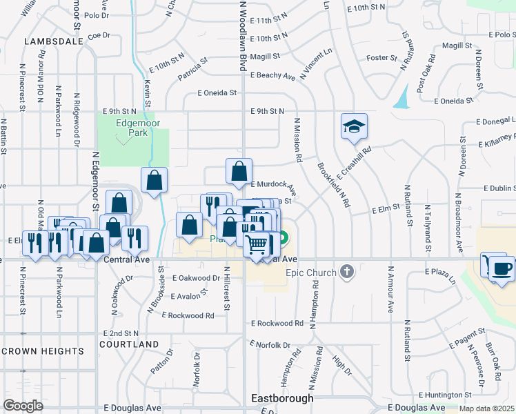 map of restaurants, bars, coffee shops, grocery stores, and more near 6411 East Claytonia Street in Wichita