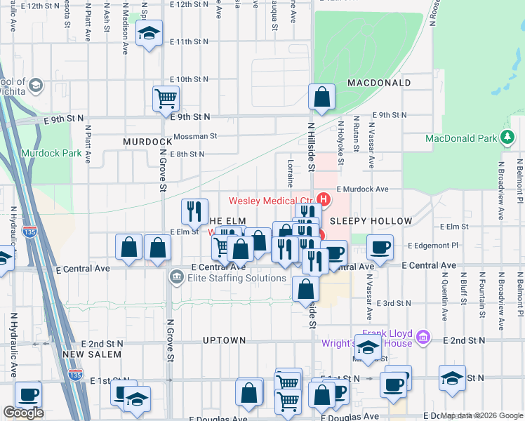 map of restaurants, bars, coffee shops, grocery stores, and more near 638 North Erie Street in Wichita