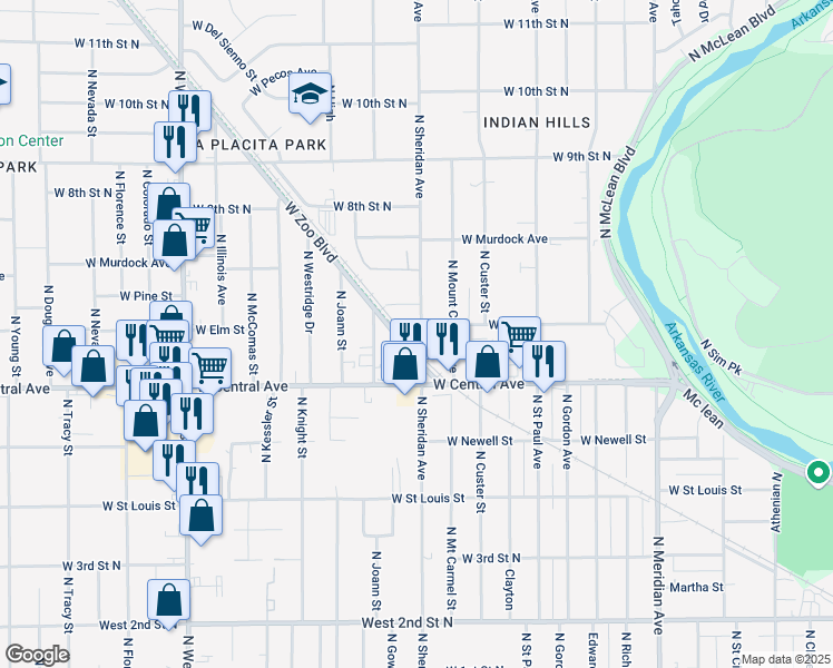 map of restaurants, bars, coffee shops, grocery stores, and more near 738 North Sheridan Street in Wichita