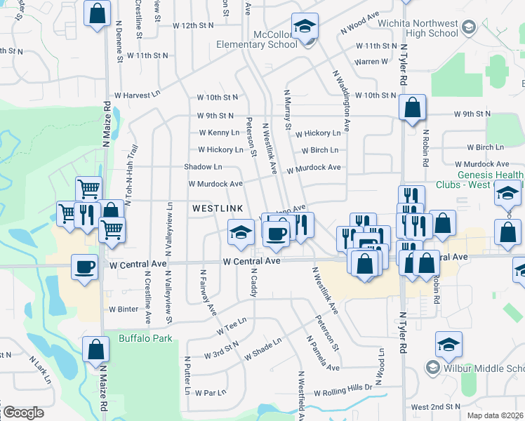 map of restaurants, bars, coffee shops, grocery stores, and more near 820 North Caddy in Wichita