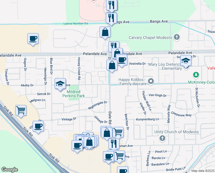 map of restaurants, bars, coffee shops, grocery stores, and more near 3905 Dale Road in Modesto