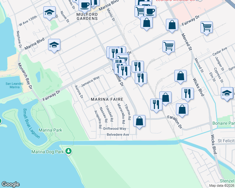 map of restaurants, bars, coffee shops, grocery stores, and more near 2262 Bermuda Avenue in San Leandro