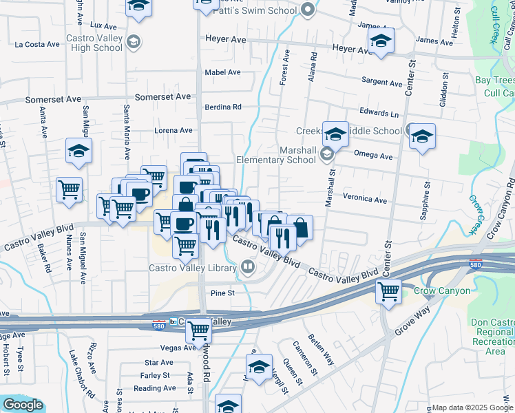 map of restaurants, bars, coffee shops, grocery stores, and more near 20295 Meadowlark Drive in Castro Valley