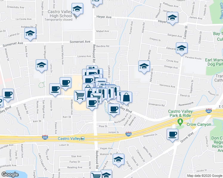 map of restaurants, bars, coffee shops, grocery stores, and more near 20383 Yeandle Avenue in Castro Valley