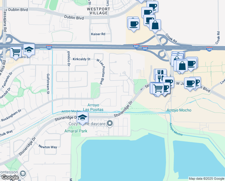 map of restaurants, bars, coffee shops, grocery stores, and more near 3419 Park Place in Pleasanton