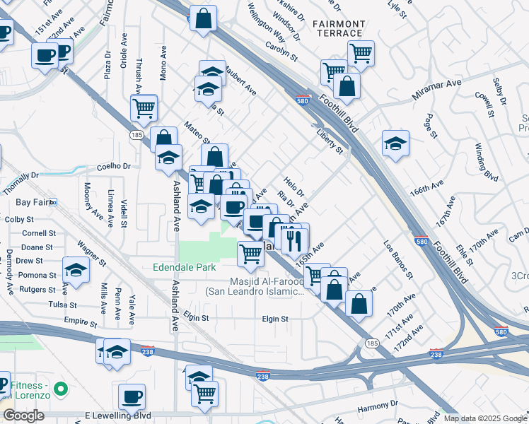 map of restaurants, bars, coffee shops, grocery stores, and more near 16336 Blanco St in San Leandro