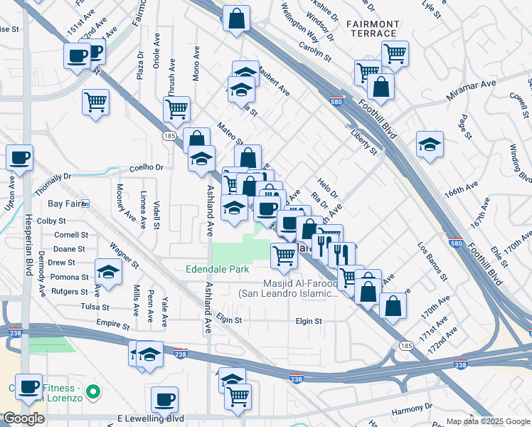 map of restaurants, bars, coffee shops, grocery stores, and more near 1421 163rd Avenue in San Leandro