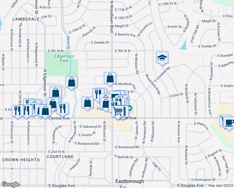 map of restaurants, bars, coffee shops, grocery stores, and more near 6411 East Claytonia Street in Wichita