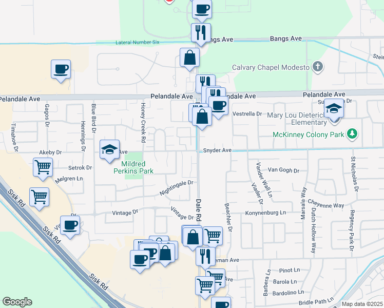 map of restaurants, bars, coffee shops, grocery stores, and more near 3905 Dale Road in Modesto