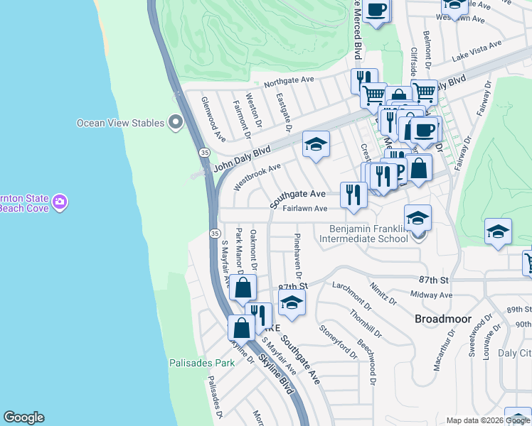 map of restaurants, bars, coffee shops, grocery stores, and more near 205 Fairlawn Ave in Daly City
