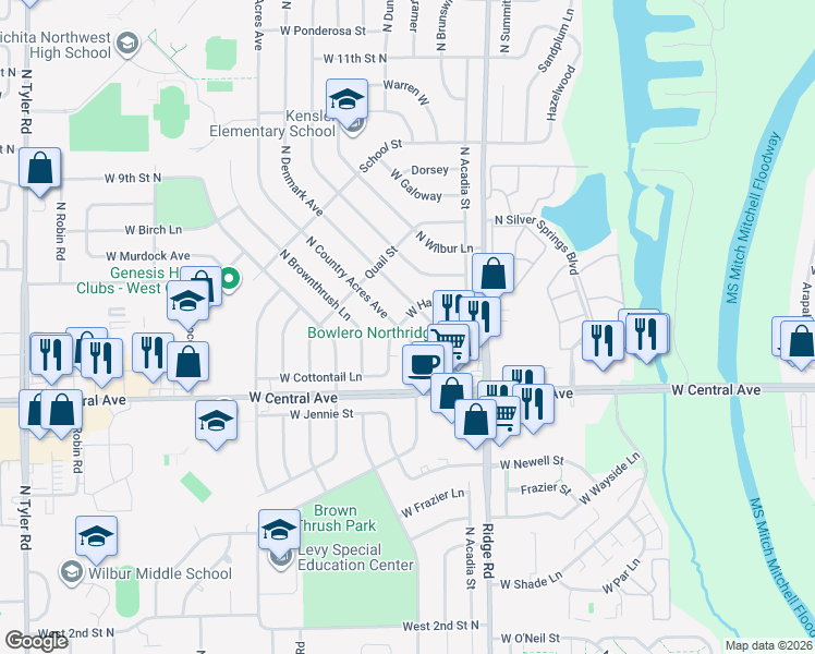 map of restaurants, bars, coffee shops, grocery stores, and more near 7421 Hale in Wichita