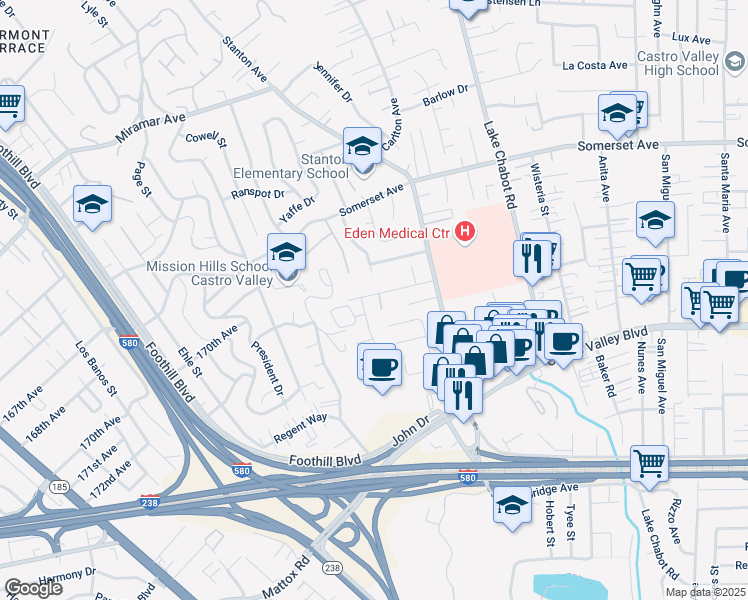 map of restaurants, bars, coffee shops, grocery stores, and more near 2413 Stanton Hill Road in Castro Valley