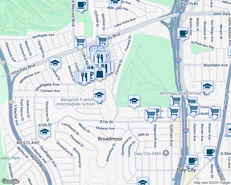 map of restaurants, bars, coffee shops, grocery stores, and more near 355 Park Plaza Drive in Daly City