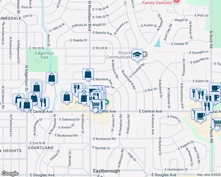 map of restaurants, bars, coffee shops, grocery stores, and more near 6636 East Claytonia Street in Wichita