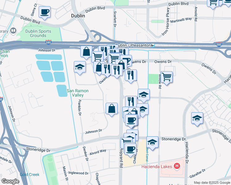 map of restaurants, bars, coffee shops, grocery stores, and more near 5050 Hopyard Rd in Pleasanton
