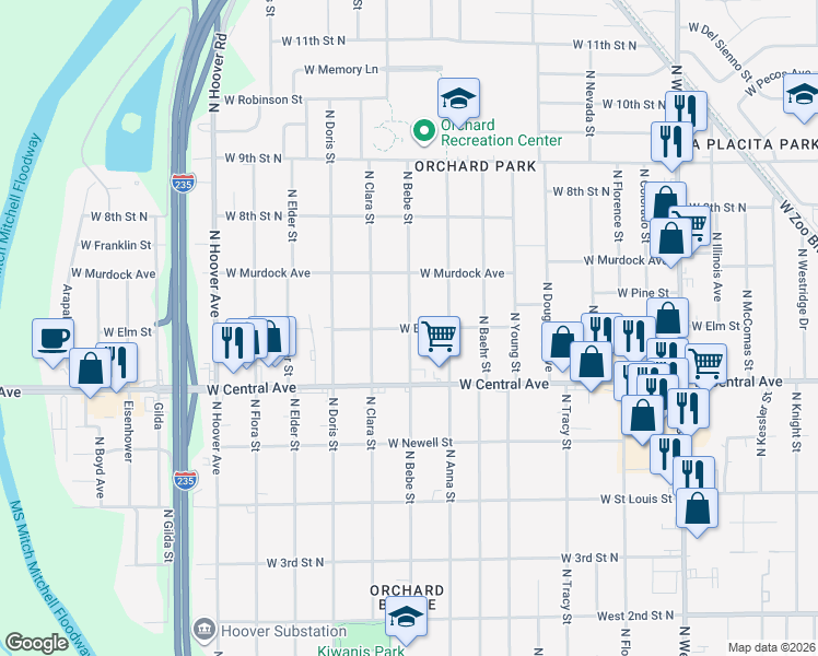 map of restaurants, bars, coffee shops, grocery stores, and more near 4900 West Elm Street in Wichita