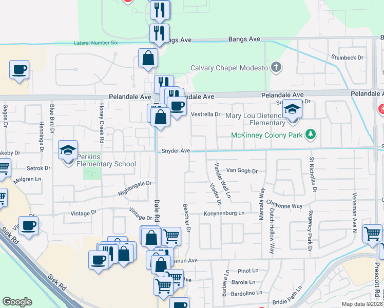 map of restaurants, bars, coffee shops, grocery stores, and more near 2816 Snyder Avenue in Modesto