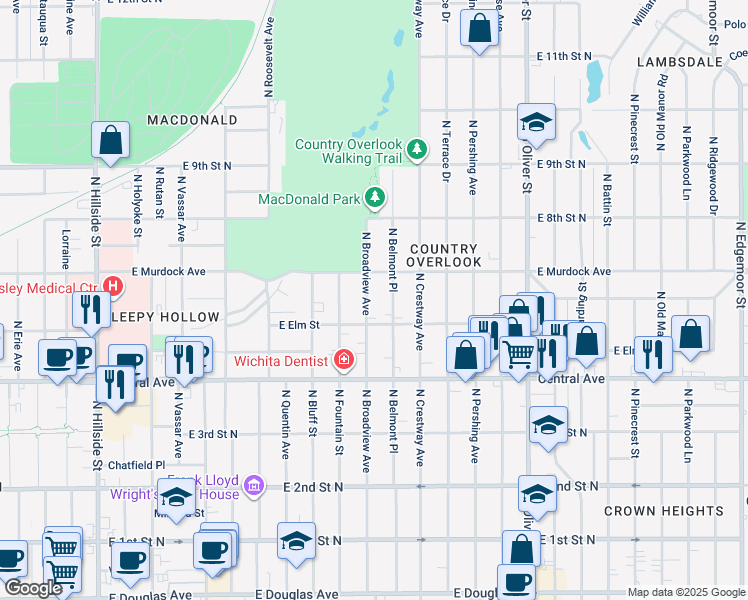 map of restaurants, bars, coffee shops, grocery stores, and more near 628 North Broadview Avenue in Wichita