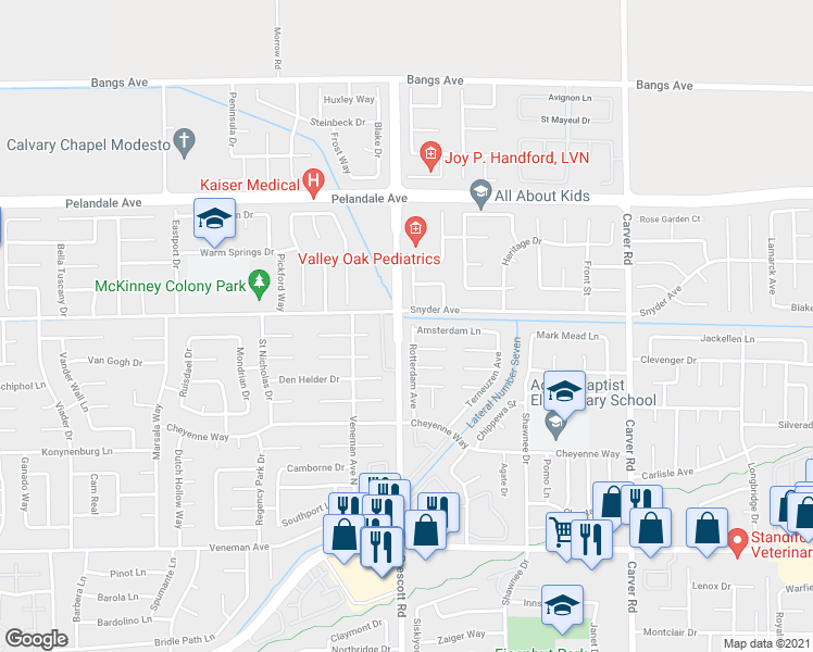 map of restaurants, bars, coffee shops, grocery stores, and more near 3921 Rotterdam Avenue in Modesto