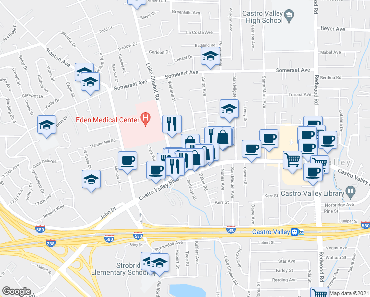 map of restaurants, bars, coffee shops, grocery stores, and more near Wisteria Street & Cortez Court in Castro Valley