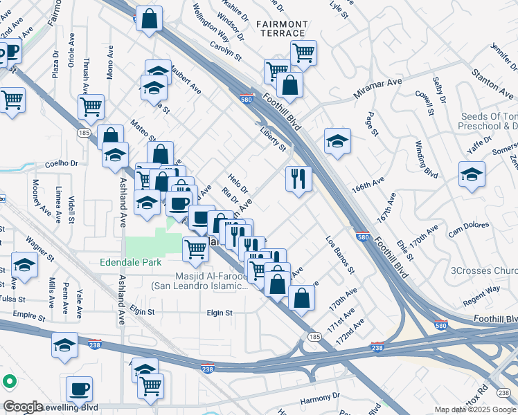 map of restaurants, bars, coffee shops, grocery stores, and more near 1520 164th Avenue in San Leandro