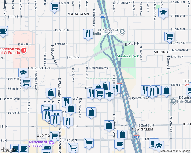 map of restaurants, bars, coffee shops, grocery stores, and more near 708 Mathewson Street in Wichita