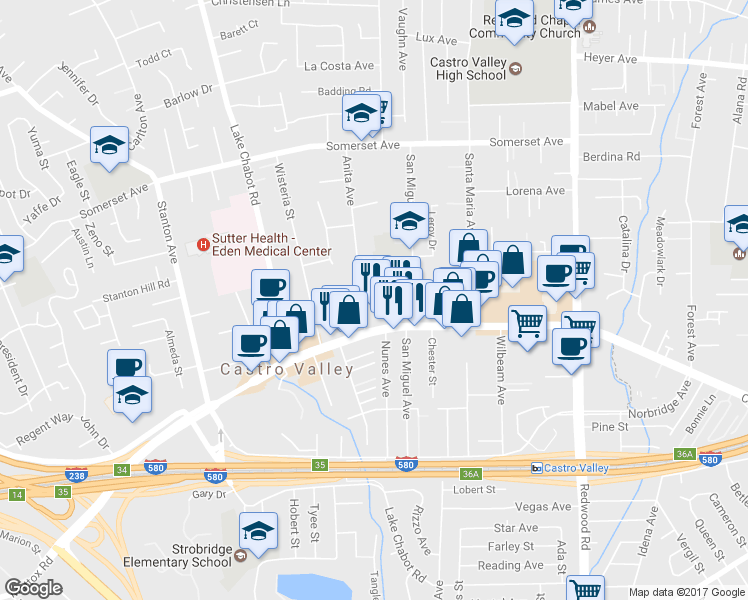 map of restaurants, bars, coffee shops, grocery stores, and more near 20478 Anita Avenue in Castro Valley