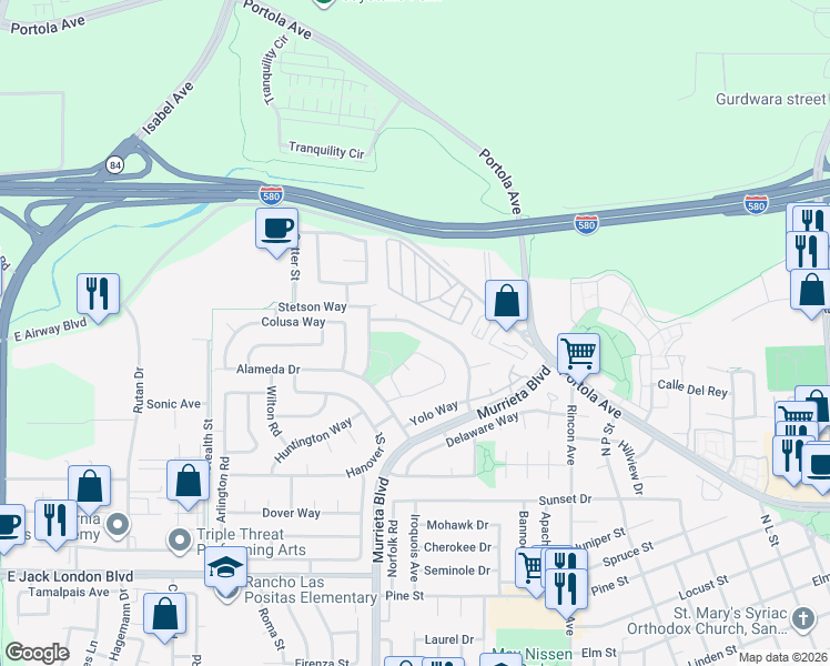 map of restaurants, bars, coffee shops, grocery stores, and more near 791 Del Norte Drive in Livermore