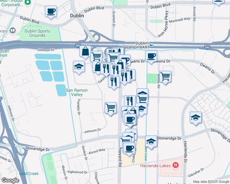 map of restaurants, bars, coffee shops, grocery stores, and more near 5050 Hopyard Road in Pleasanton