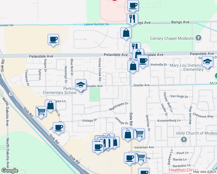 map of restaurants, bars, coffee shops, grocery stores, and more near 3108 Snyder Avenue in Modesto