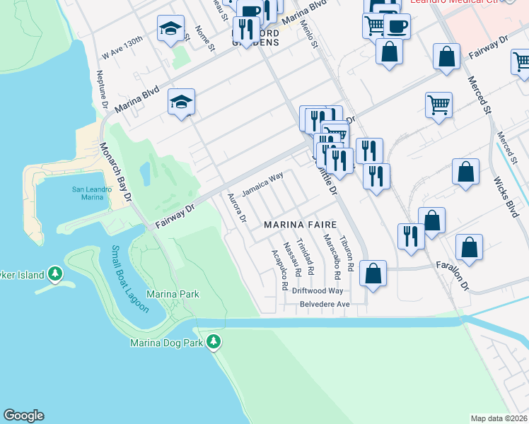 map of restaurants, bars, coffee shops, grocery stores, and more near 13963 Samoa Road in San Leandro