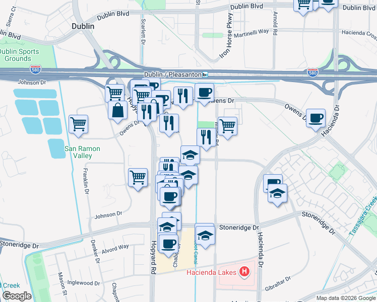 map of restaurants, bars, coffee shops, grocery stores, and more near 6001 Gibraltar Drive in Pleasanton
