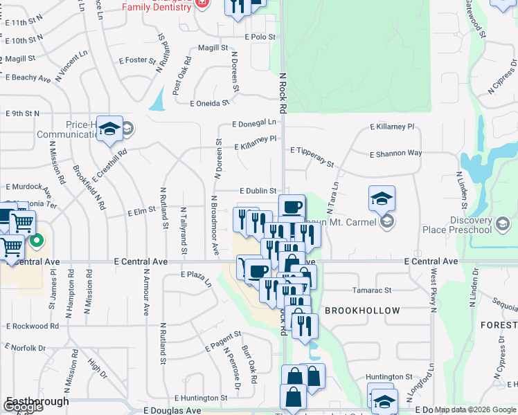 map of restaurants, bars, coffee shops, grocery stores, and more near 505 North Rock Road in Wichita