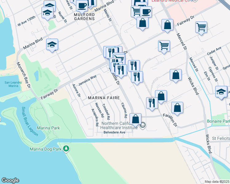 map of restaurants, bars, coffee shops, grocery stores, and more near 2285 Bermuda Avenue in San Leandro