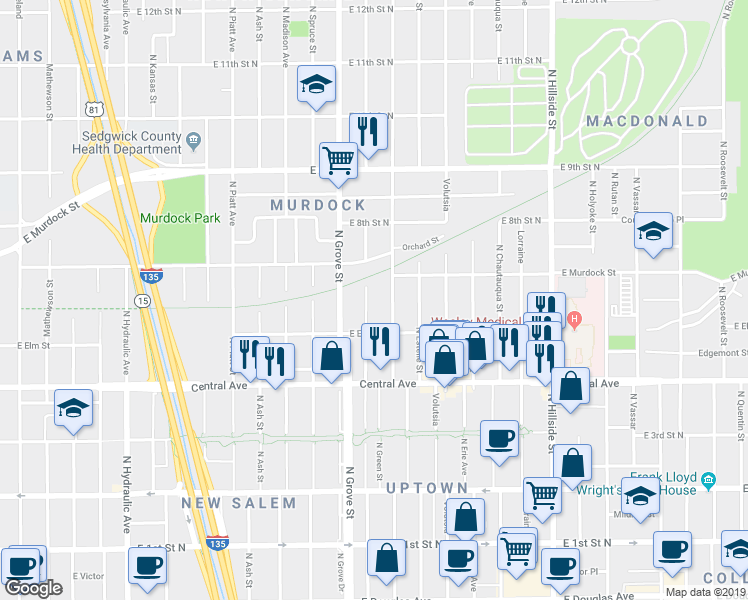map of restaurants, bars, coffee shops, grocery stores, and more near 640 North Poplar Street in Wichita