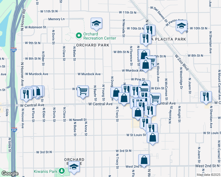 map of restaurants, bars, coffee shops, grocery stores, and more near 737 North Dougherty Avenue in Wichita