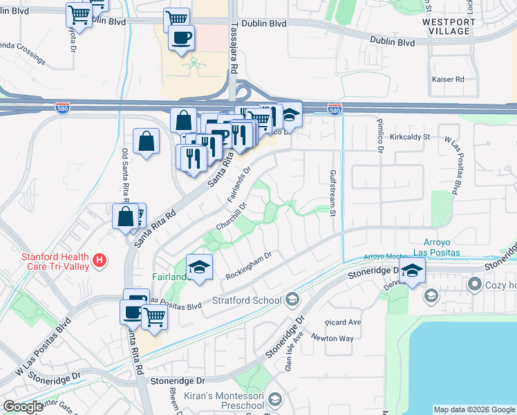 map of restaurants, bars, coffee shops, grocery stores, and more near 3429 Beecham Court in Pleasanton
