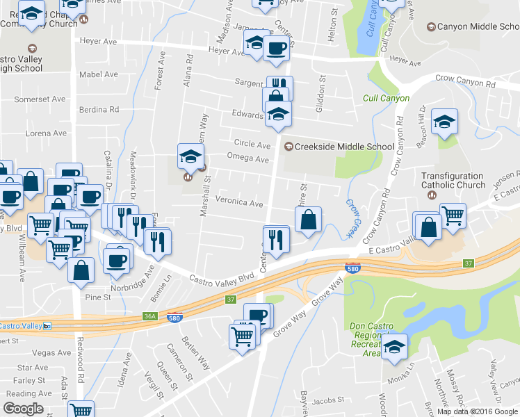 map of restaurants, bars, coffee shops, grocery stores, and more near 4233 Veronica Ave in Castro Valley
