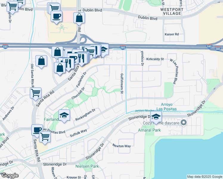 map of restaurants, bars, coffee shops, grocery stores, and more near 3758 Oak Brook Court in Pleasanton