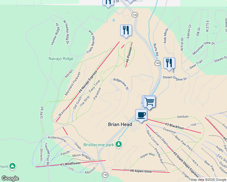 map of restaurants, bars, coffee shops, grocery stores, and more near 286 West Eagles Roost Street in Brian Head