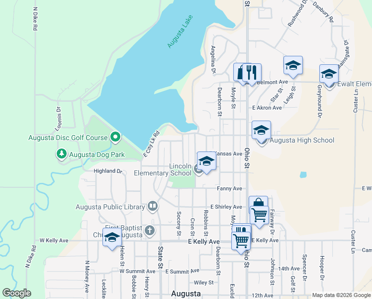 map of restaurants, bars, coffee shops, grocery stores, and more near 1924 Prairie Lane in Augusta