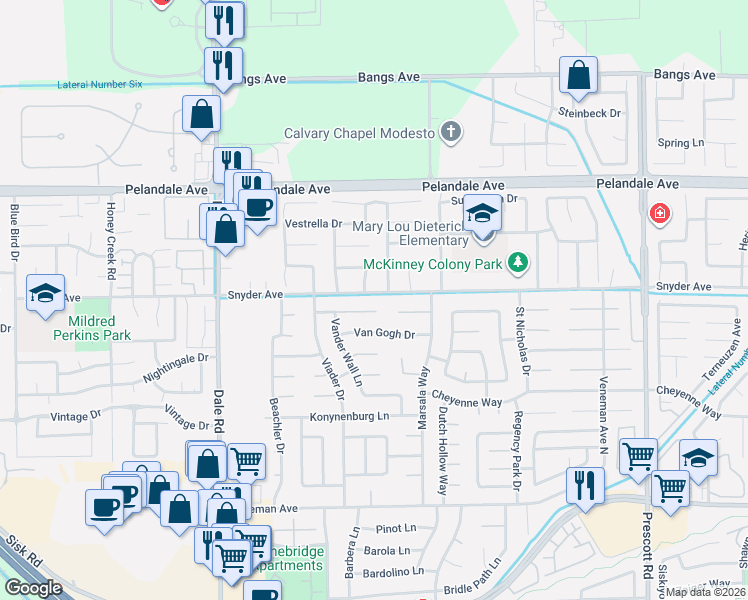 map of restaurants, bars, coffee shops, grocery stores, and more near 2704 Snyder Avenue in Modesto