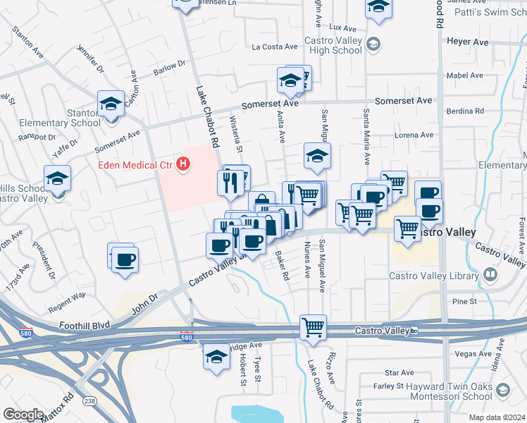 map of restaurants, bars, coffee shops, grocery stores, and more near 2799 Cortez Court in Castro Valley