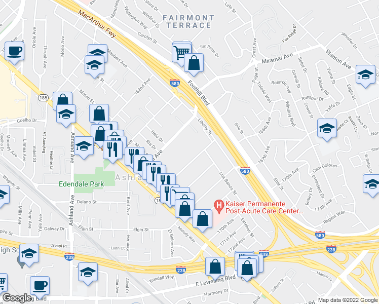 map of restaurants, bars, coffee shops, grocery stores, and more near 1575 165th Avenue in San Leandro