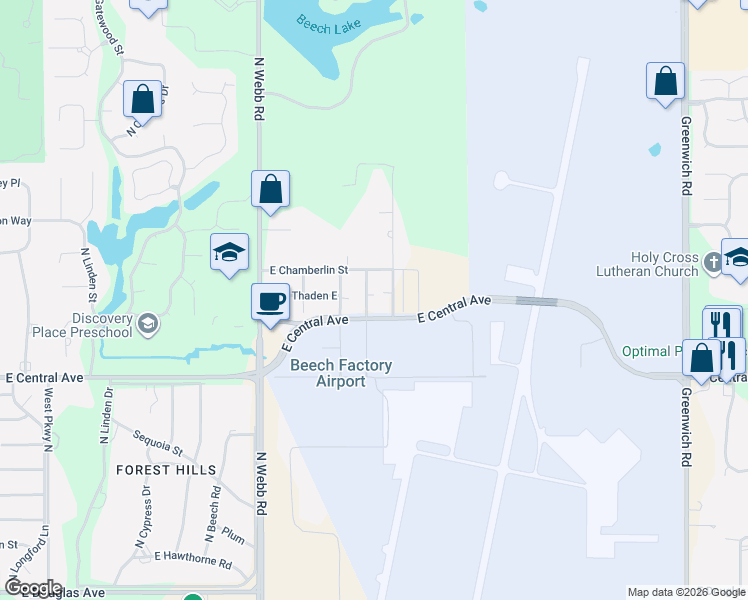 map of restaurants, bars, coffee shops, grocery stores, and more near 624 Byrd Street in Wichita