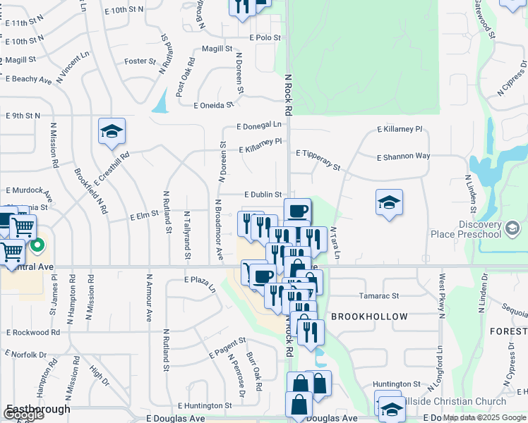 map of restaurants, bars, coffee shops, grocery stores, and more near 505 North Rock Road in Wichita