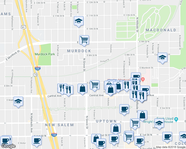 map of restaurants, bars, coffee shops, grocery stores, and more near 640 North Poplar Street in Wichita