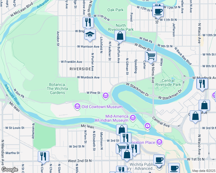 map of restaurants, bars, coffee shops, grocery stores, and more near 714 Litchfield North in Wichita